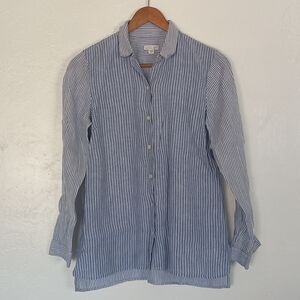 J. Jill Love Linen Striped Button-Up Shirt Blue White Collared Long Sleeve